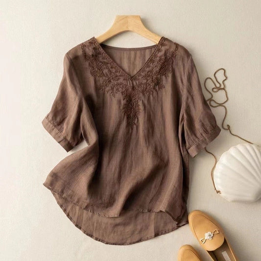 Loose and Skinny Cotton Linen Short-Sleeved Shirt